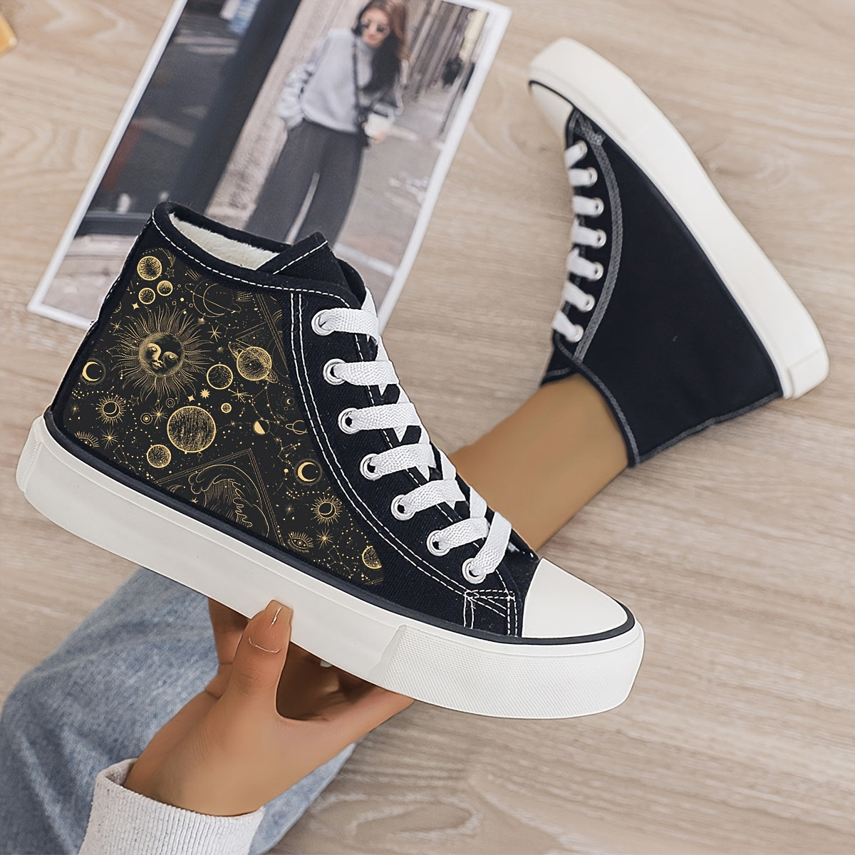 Mysterious Planet Print Plush Lined Thermal Chunky Canvas Sneakers