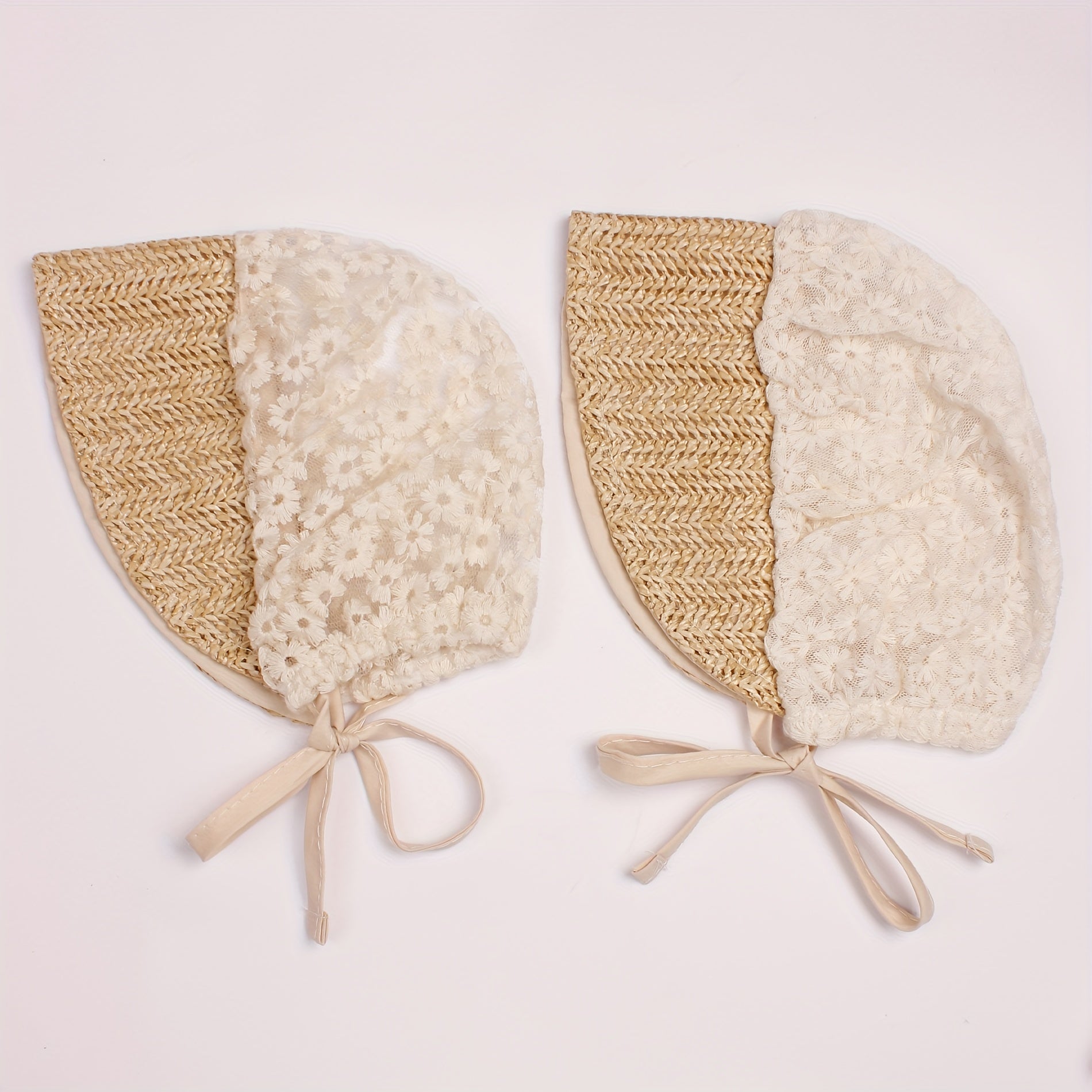 Beige Flower Lace Straw Palace Baby Hat Ribbon