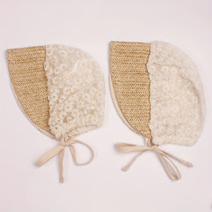 Beige Flower Lace Straw Palace Baby Hat Ribbon