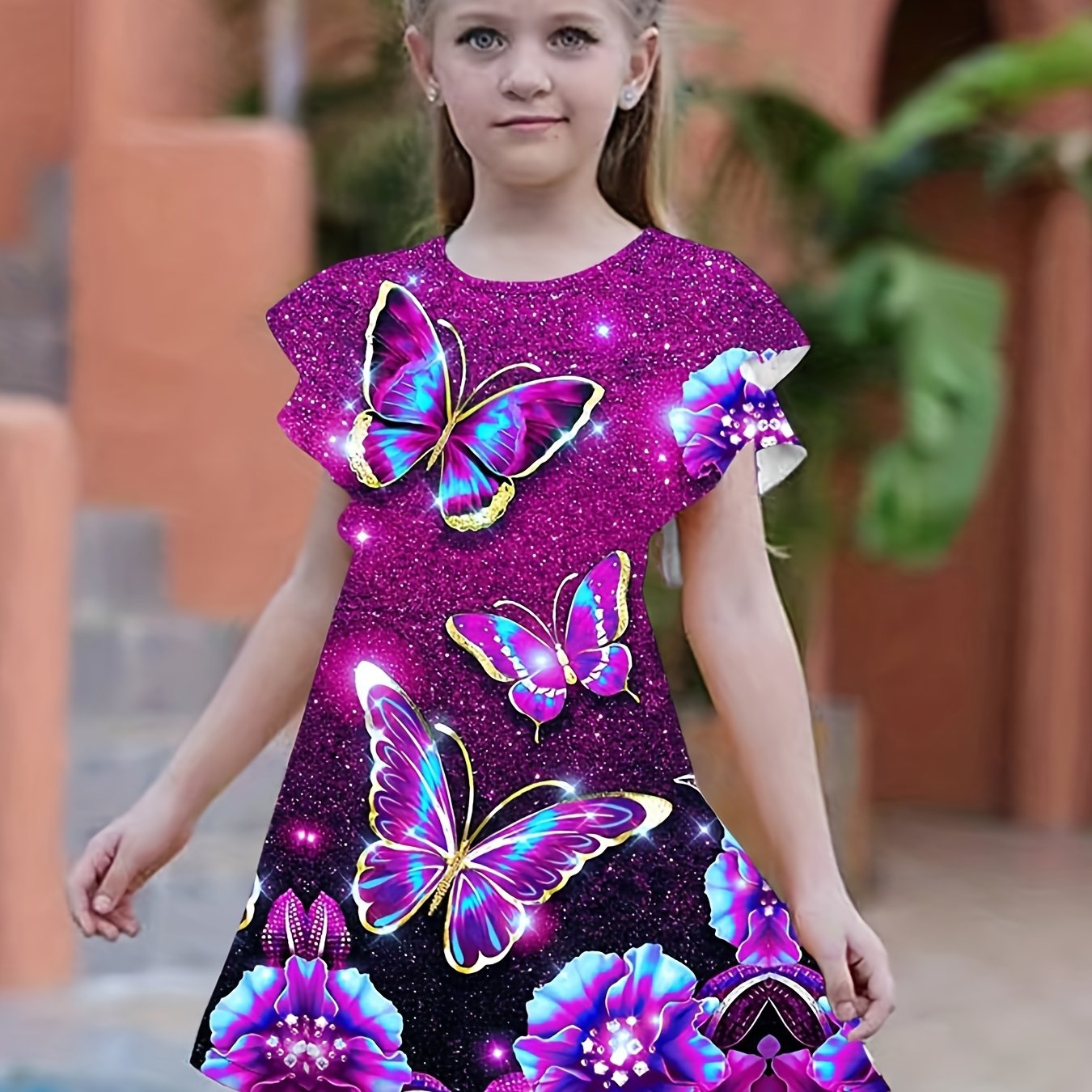 Butterfly Graphic Dress Girls Short Sleeve Summer Party Gift