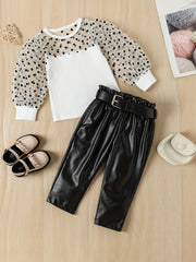 Girls Polka Dot Mesh Puff Sleeve Top & PU Leather Pant Set Spring Clothes