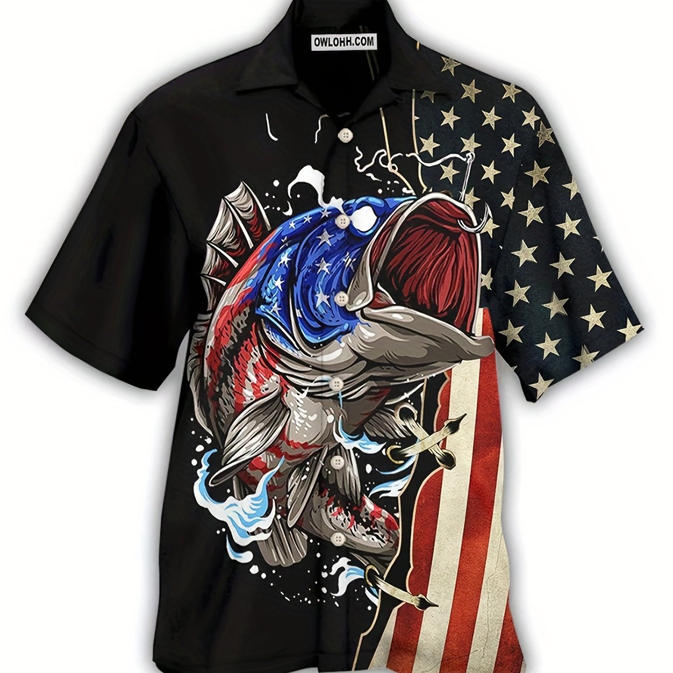 Men's 3D Fish Print Bowling Shirt Short Sleeve Summer Casual Button Up Shirt