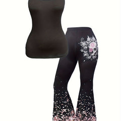 Floral & Skull Print Flared Leg Pants & Cami Top Set