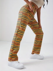 Geometric Striped Print Straight Jeans Loose Fit Non Stretch