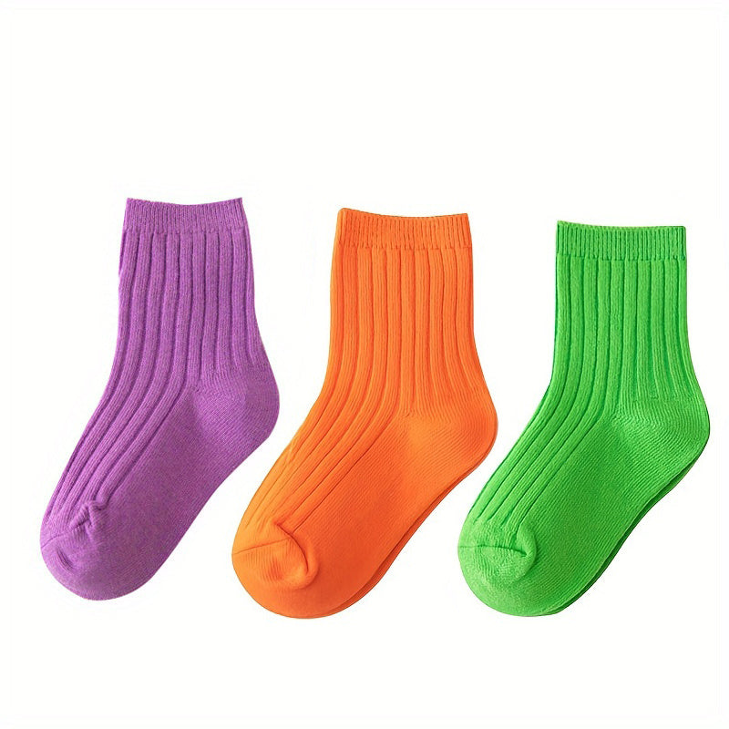 3 Pairs Kids Colorful Crew Socks, Fluorescent Striped, Four Seasons, Mid Tube