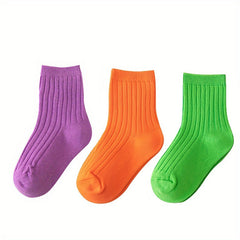 3 Pairs Kids Colorful Crew Socks, Fluorescent Striped, Four Seasons, Mid Tube