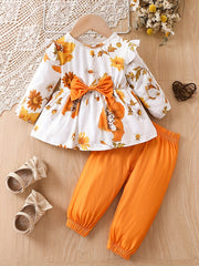 Cute Baby Girl Outfit Solid Cotton Top with Printed Bow Pants