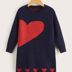 Toddler Girls Heart Pattern Sweater Dress Kids Spring Clothes