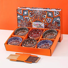 Bohemian Ceramic Rice Bowls Set of 4 Assorted Dinnerware Geometric Pattern