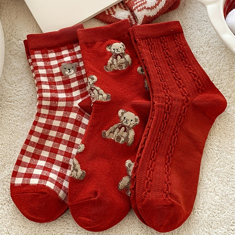 6 Pairs Cartoon Bear Print Socks - Chinese Year Women's Stockings