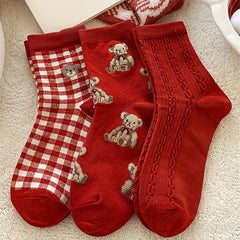 6 Pairs Cartoon Bear Print Socks - Chinese Year Women's Stockings