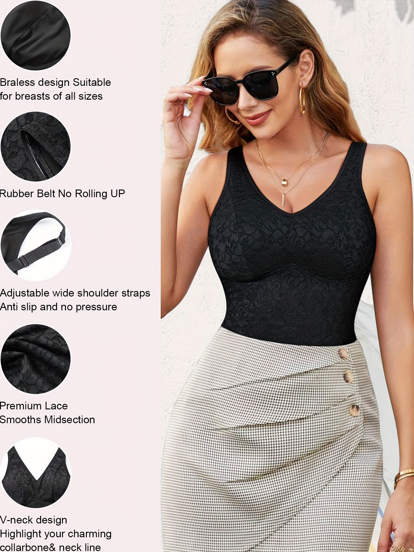 Lace Shaping Cami Tops V Neck Tummy Control Top