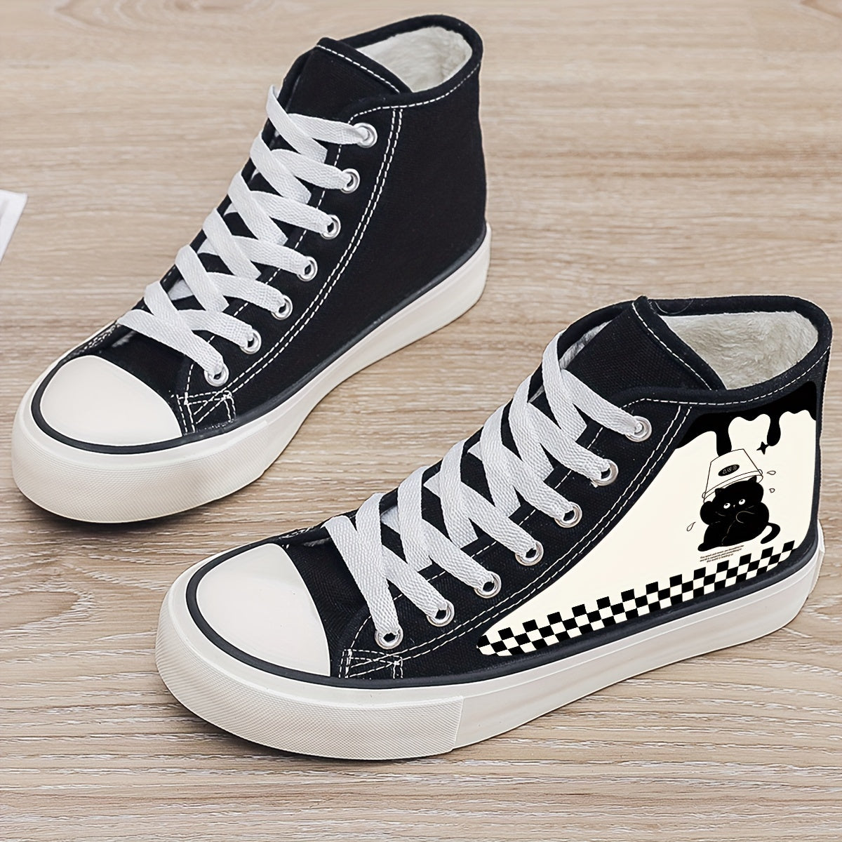 Cat Print Plush Lined Thermal Chunky Canvas Sneakers