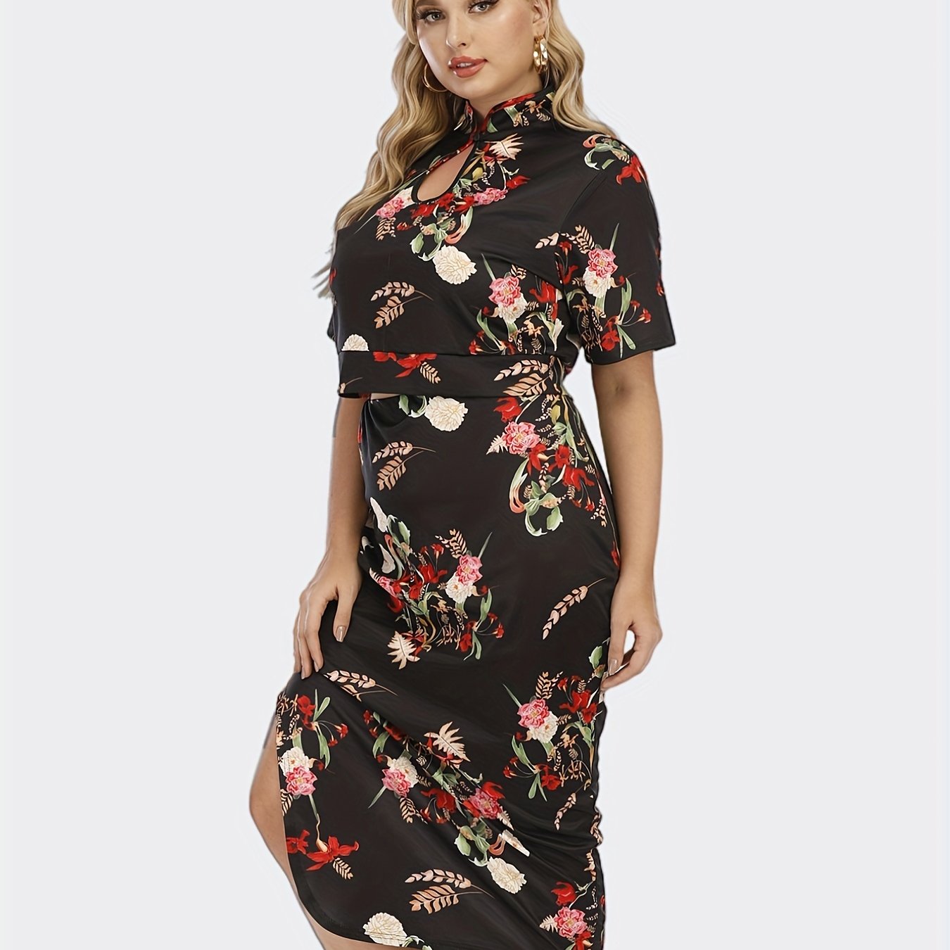 Women's Plus Floral Print Cut Out Crop Top & Bodycon Skirt Set