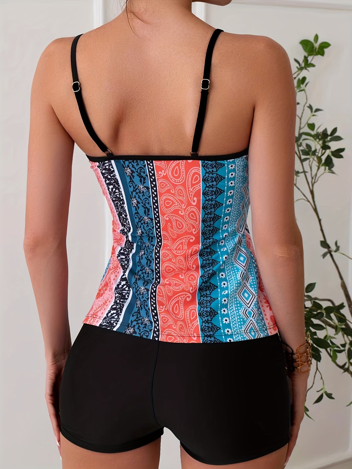 Striped Print V Neck Spaghetti Straps Tankini Swimsuit