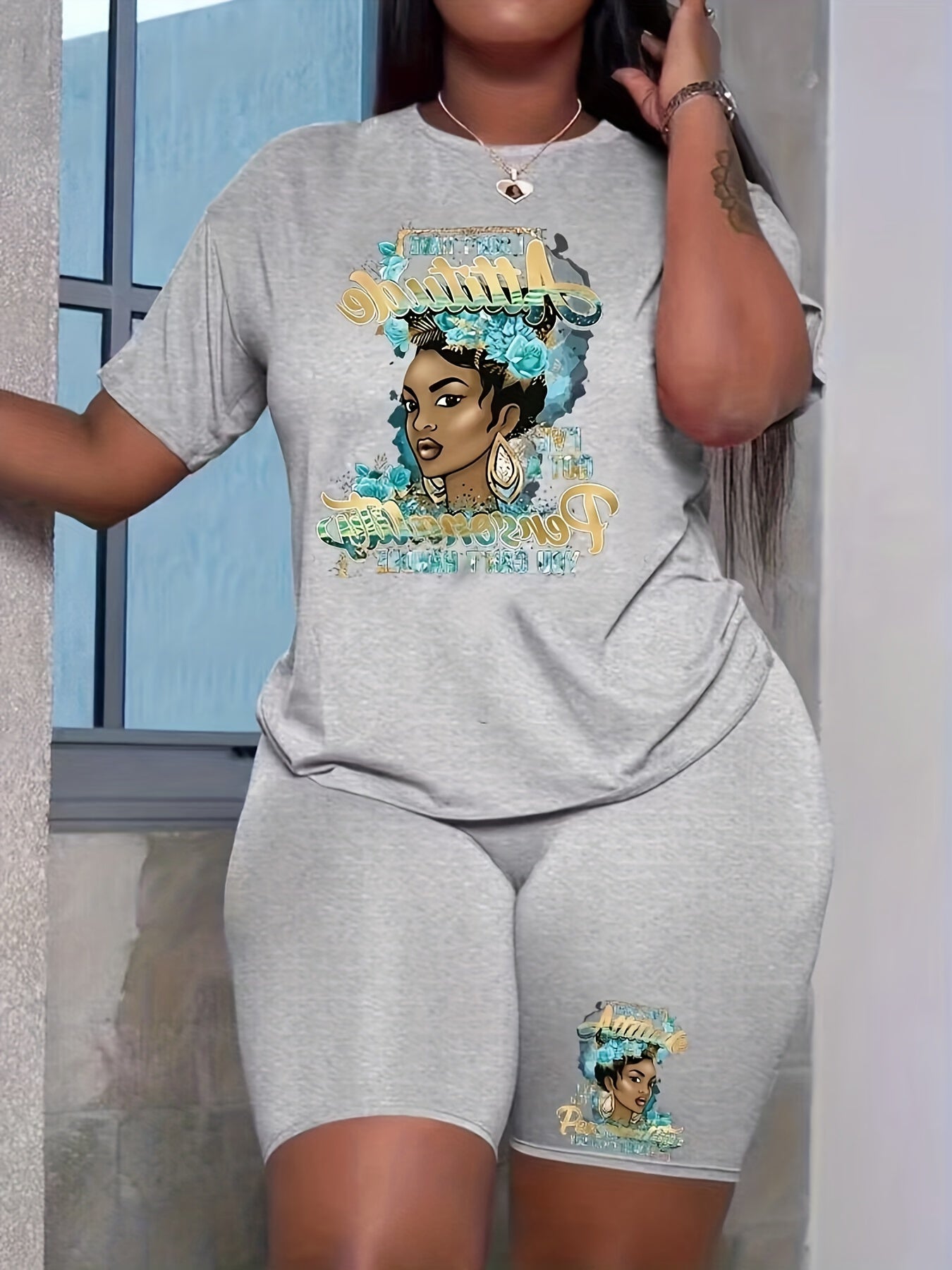 Figure Print Two piece Set Casual Short Sleeve T shirt & Skinny Shorts Outfits