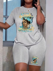 Figure Print Two piece Set Casual Short Sleeve T shirt & Skinny Shorts Outfits
