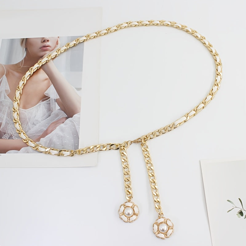 Women's Golden Waist Chain Faux Pearl Flower Pendant Dress Chain