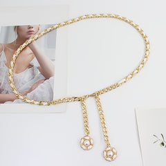 Women's Golden Waist Chain Faux Pearl Flower Pendant Dress Chain