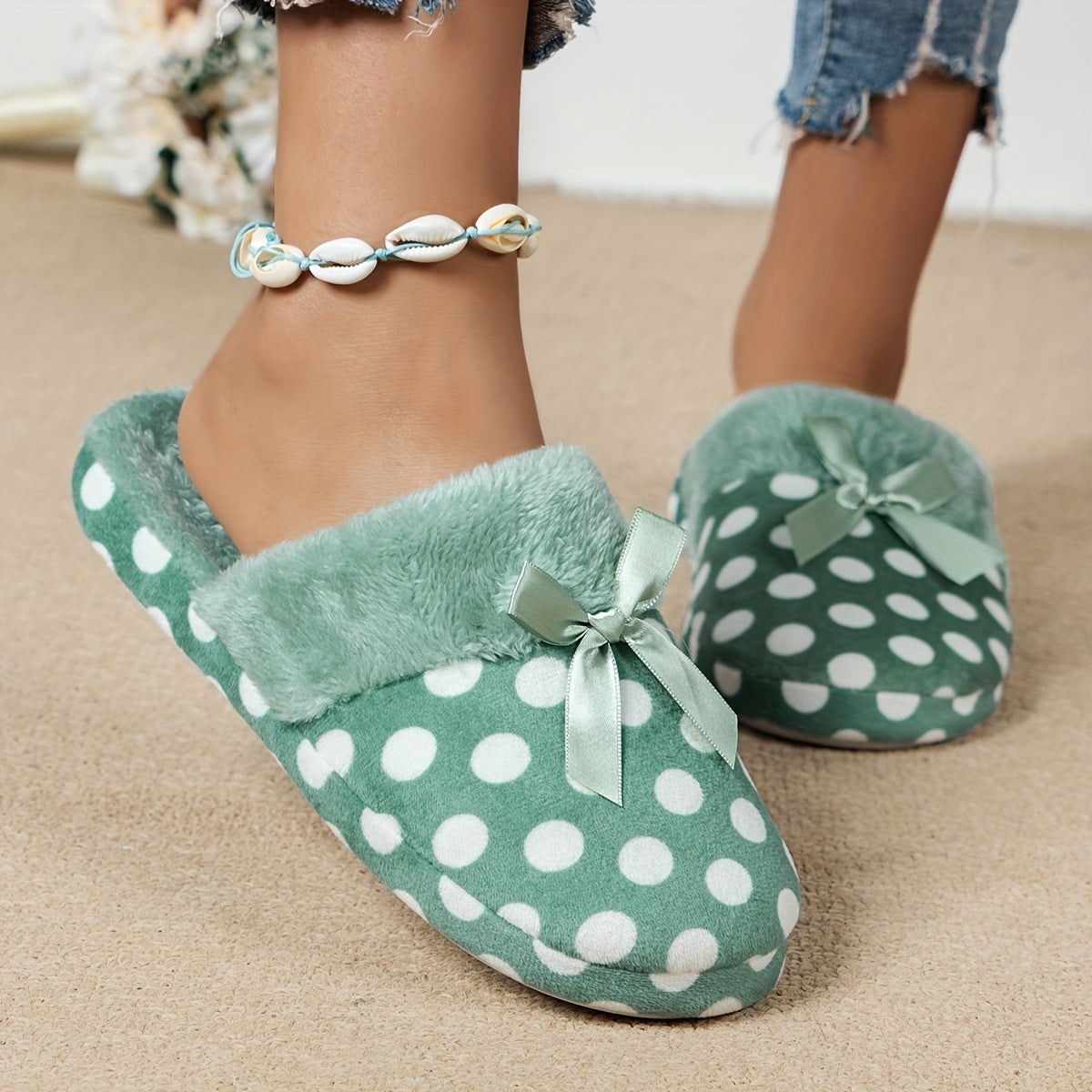 Women's Polka Dot Plush Slippers Bowknot Fuzzy Shoes