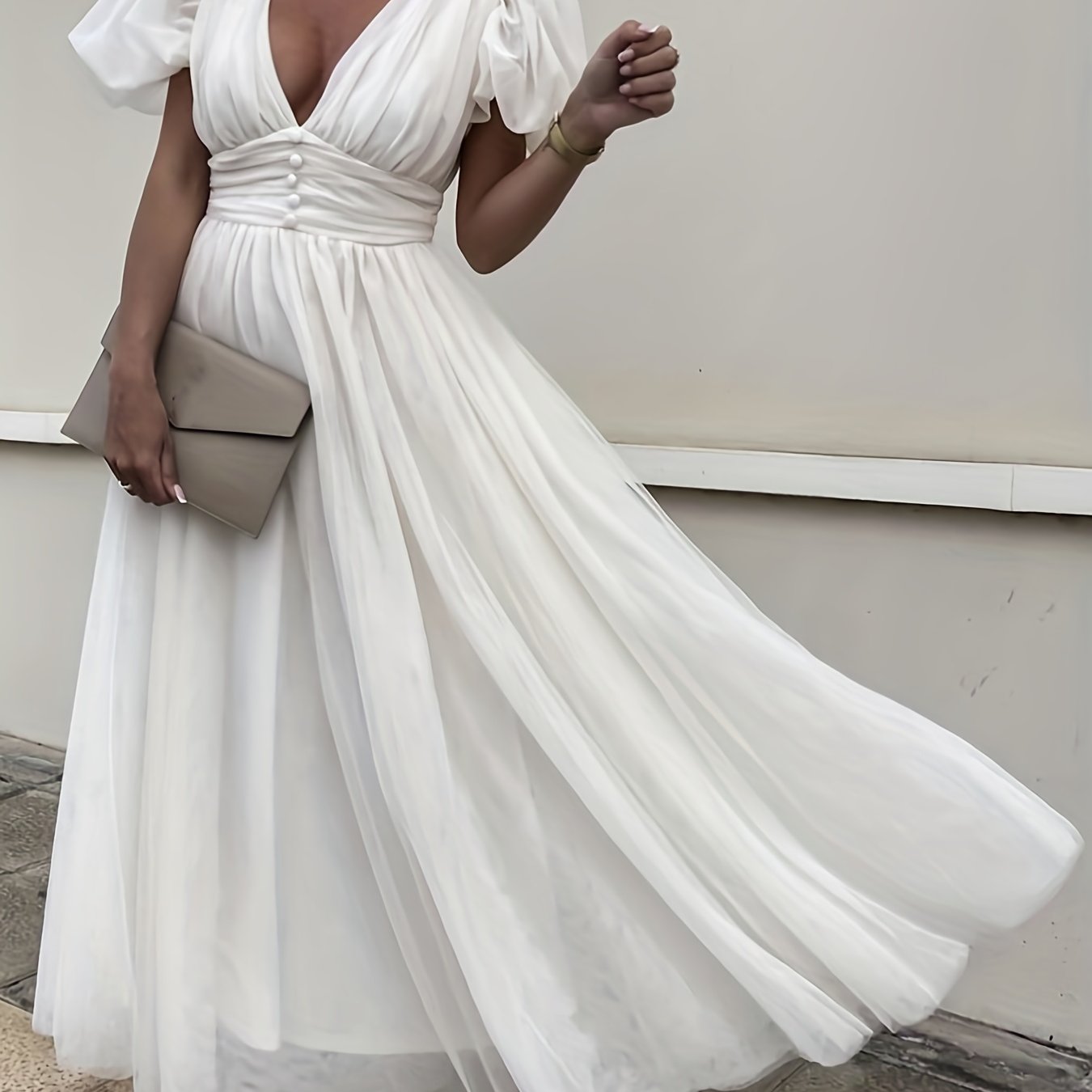 Plunging Wedding Dress Puff Sleeve Maxi Dress
