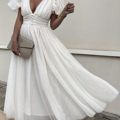 Plunging Wedding Dress Puff Sleeve Maxi Dress