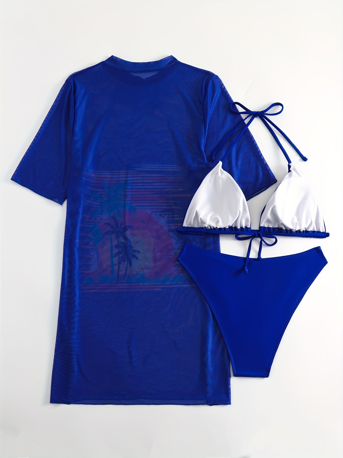 Tropical Print Bikini Set with Mesh Cover Up