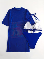 Tropical Print Bikini Set with Mesh Cover Up