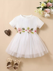 Baby Girls Mesh Splicing Dress Ribbed Short Sleeves Crew Neck Flowers Embroidere