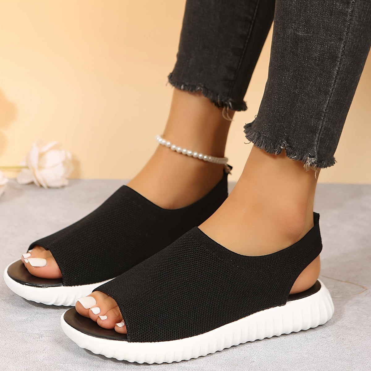 Women's Knit Flat Sandals Comfort Peep Toe Slip On Slingback Shoes