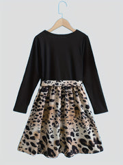 Girls Fall Dress Vintage Leopard Print Long Sleeve Casual Dresses