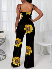 Sunflower Print Spaghetti Strap Jumpsuit Casual Wide Leg Sleeveless Jumpsuit