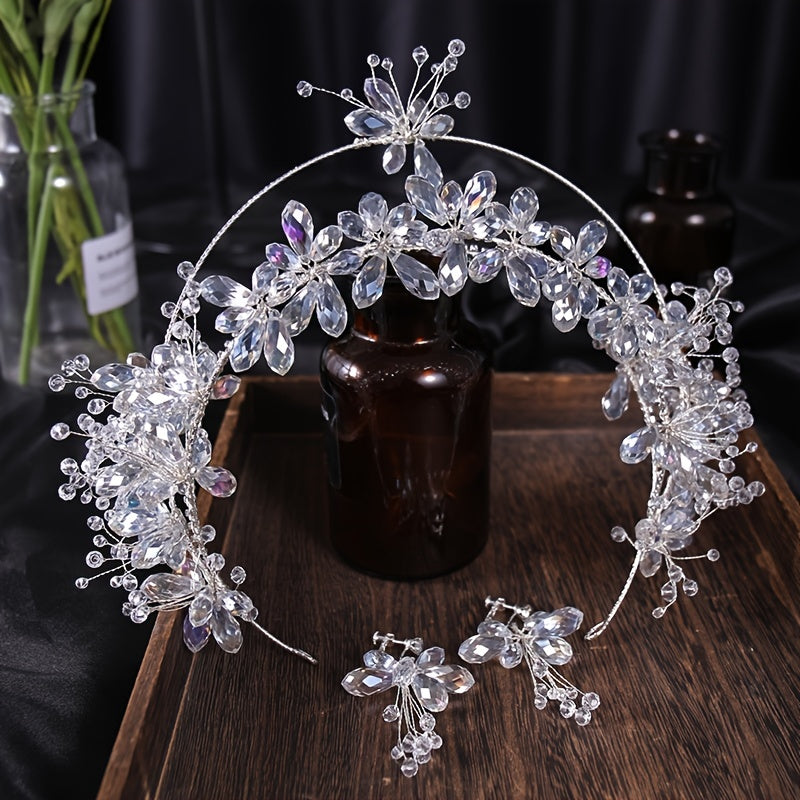 Crystal Flower Headband Earring Set Wedding Hair Accessories