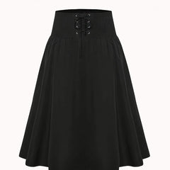 Gothic Skirt Solid Shirred Lace Up High Rise A line Maxi