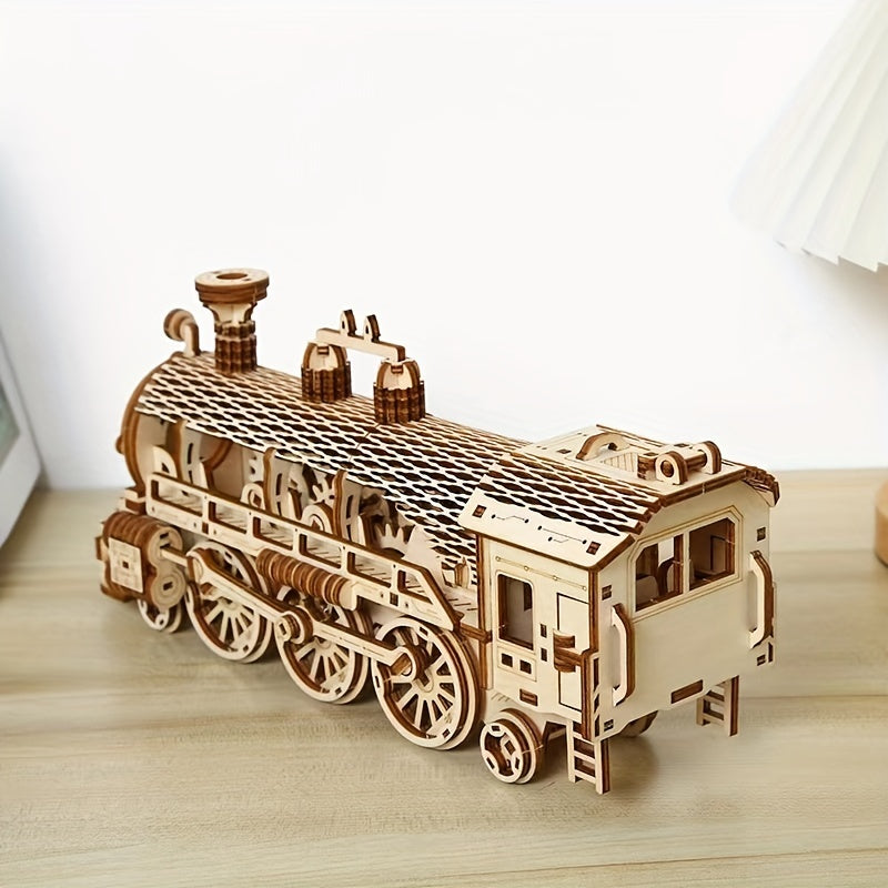 Arrival Gear Steam Train Wood Puzzle Model 3D Assembly Adult Decompression Toy