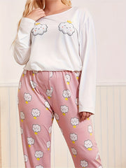 Cloud Print Pajama Set Round Neck Tee & Pants Lounge Two Piece