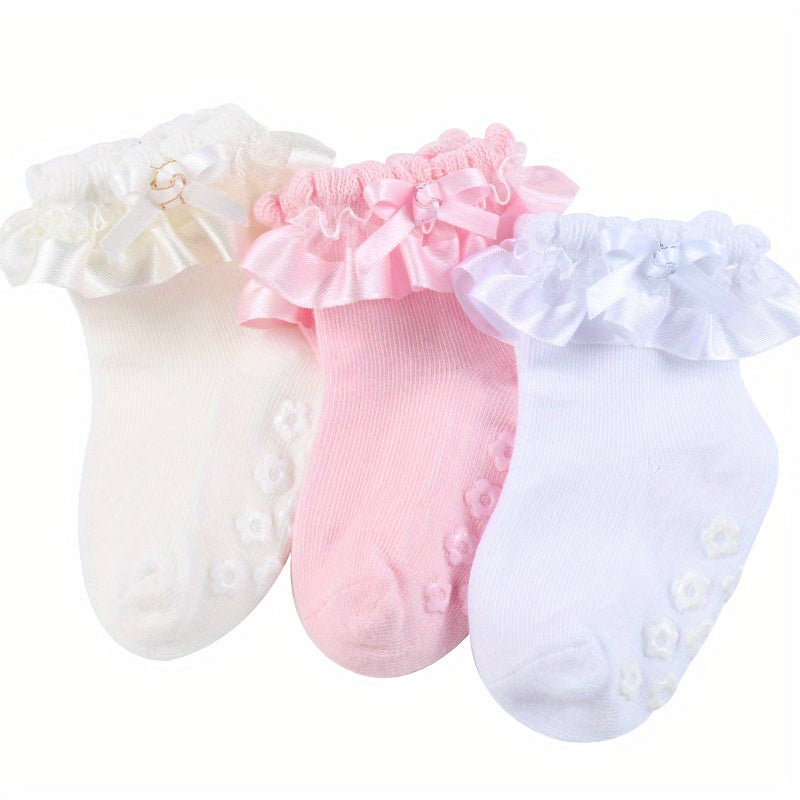3 Pairs Baby Girls Lace Ruffled Socks with Bow Non-slip Cotton Socks