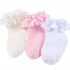 3 Pairs Baby Girls Lace Ruffled Socks with Bow Non-slip Cotton Socks