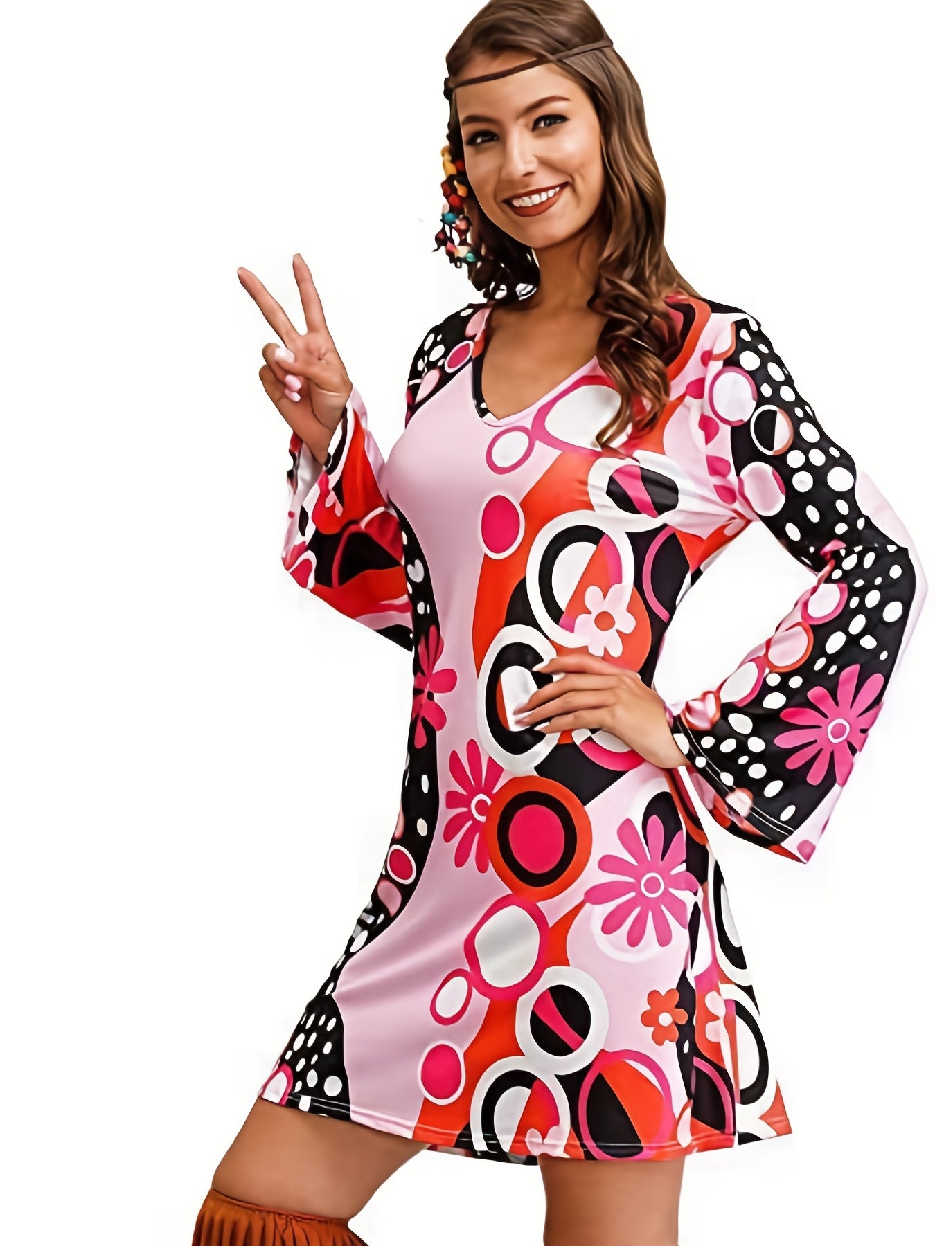 Floral Print Mini Dress V Neck Long Sleeve Casual Dress