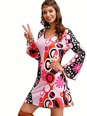 Floral Print Mini Dress V Neck Long Sleeve Casual Dress