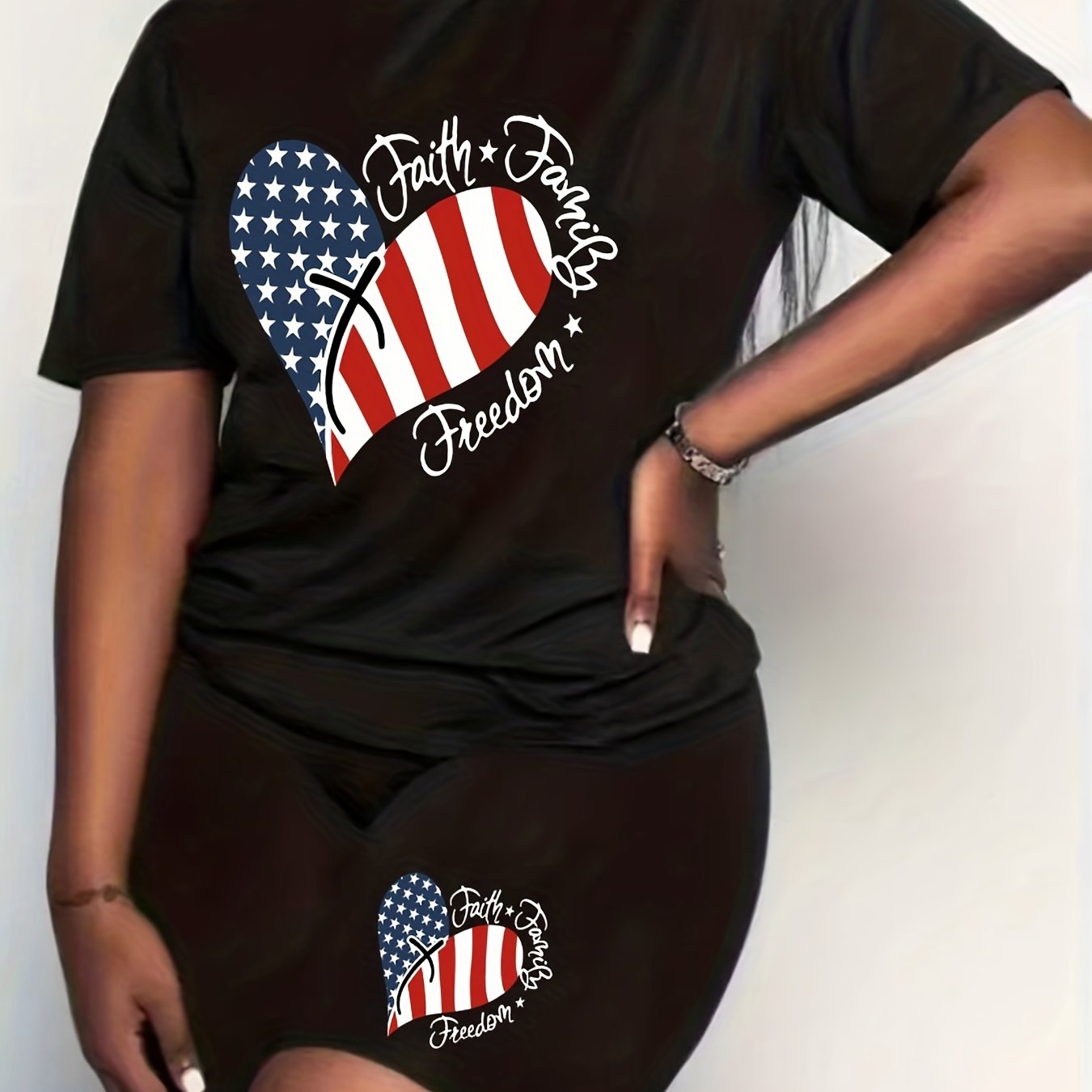 Women's Plus Flag Heart & Letter Print Independence Casual Outfits Set