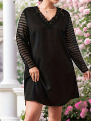 Sexy Stripe Print Lace Long Sleeve V Neck Mini Dress