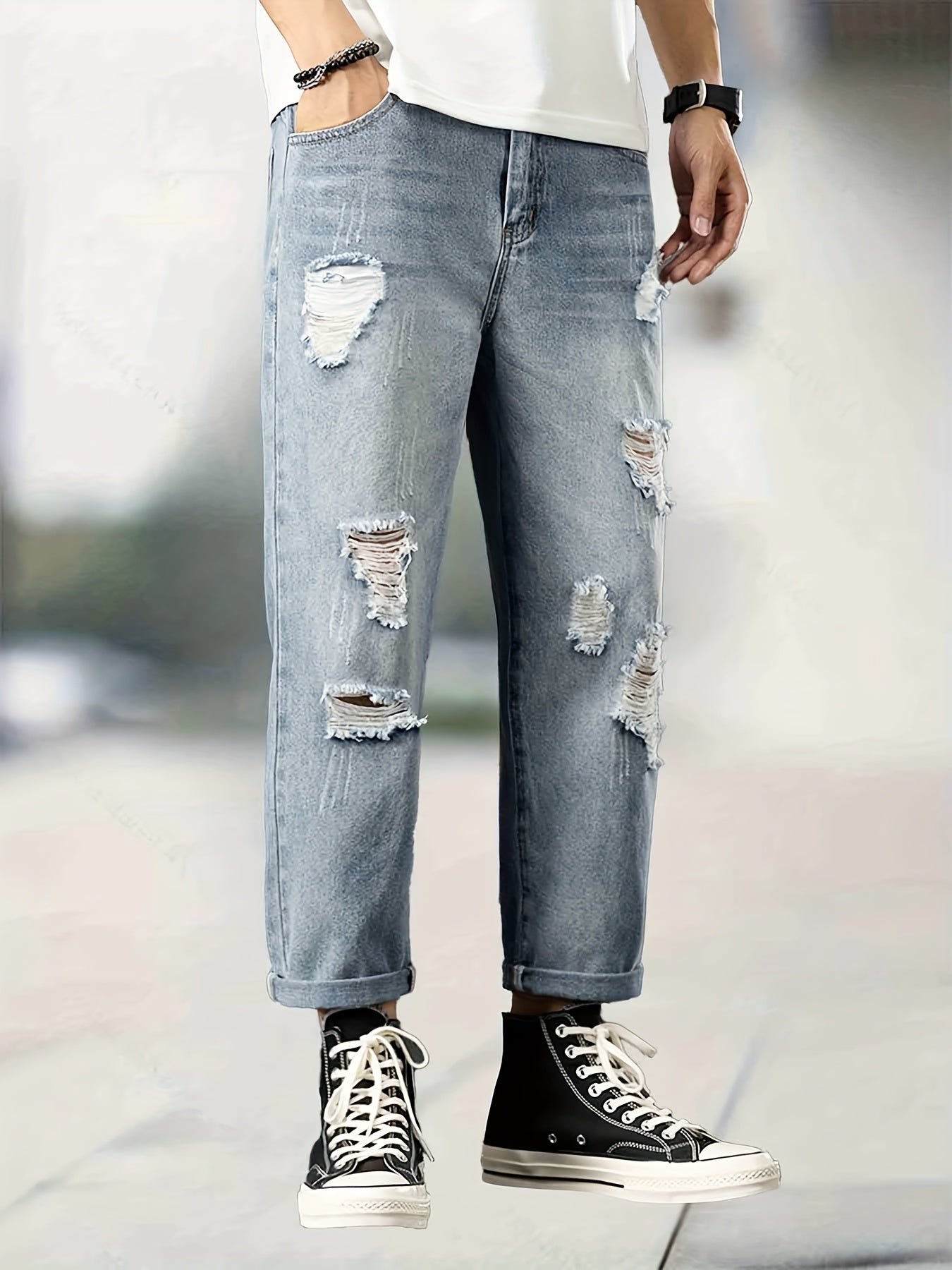 Men's Ripped Jeans Distressed Denim Pants Street Style