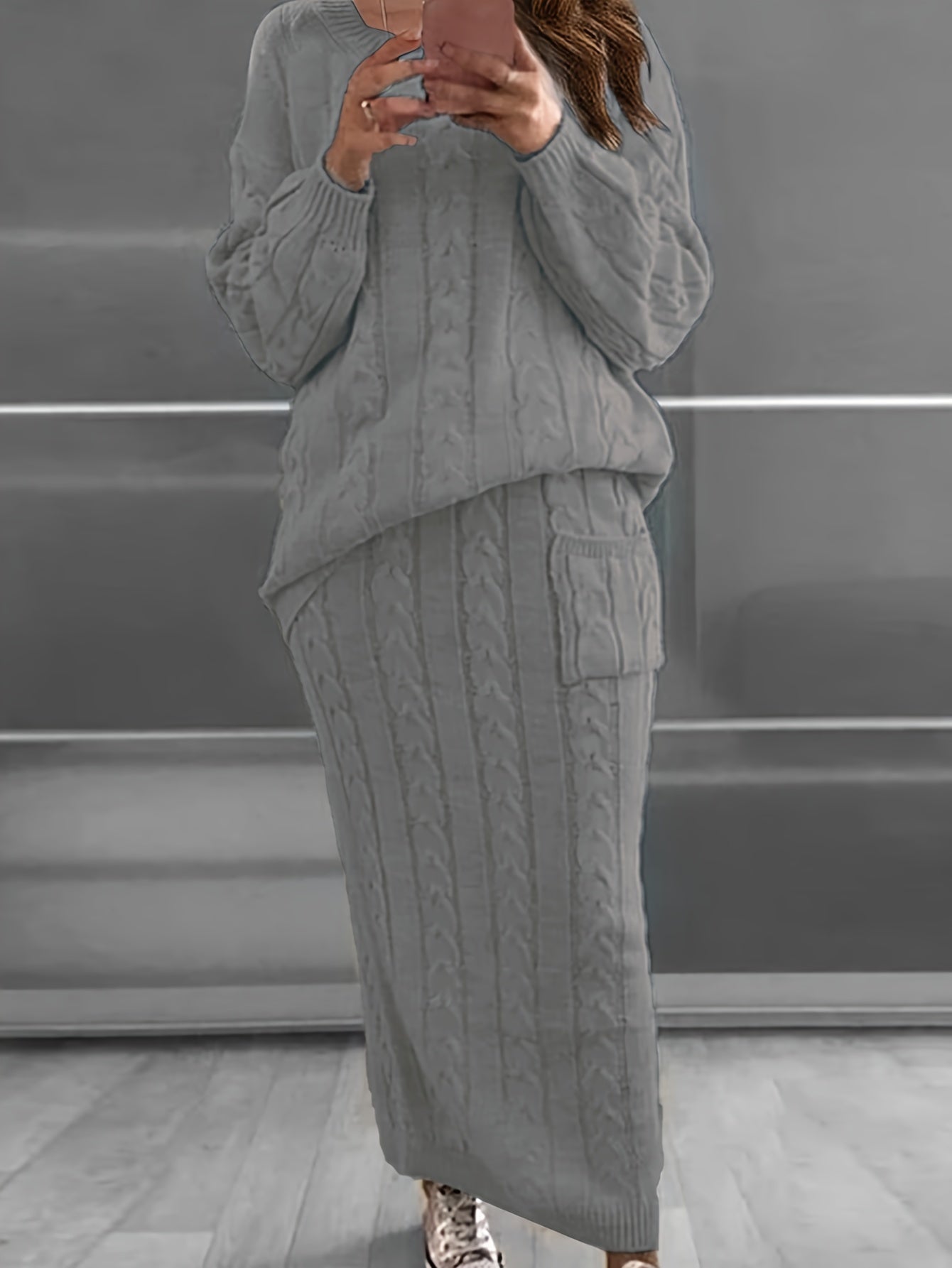 Women's Plus Cable Jacquard Sweater & Skirt Outfit Set
