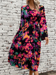 Abstract Print Shirred Dress V Neck Midi Dress Women's Clothing