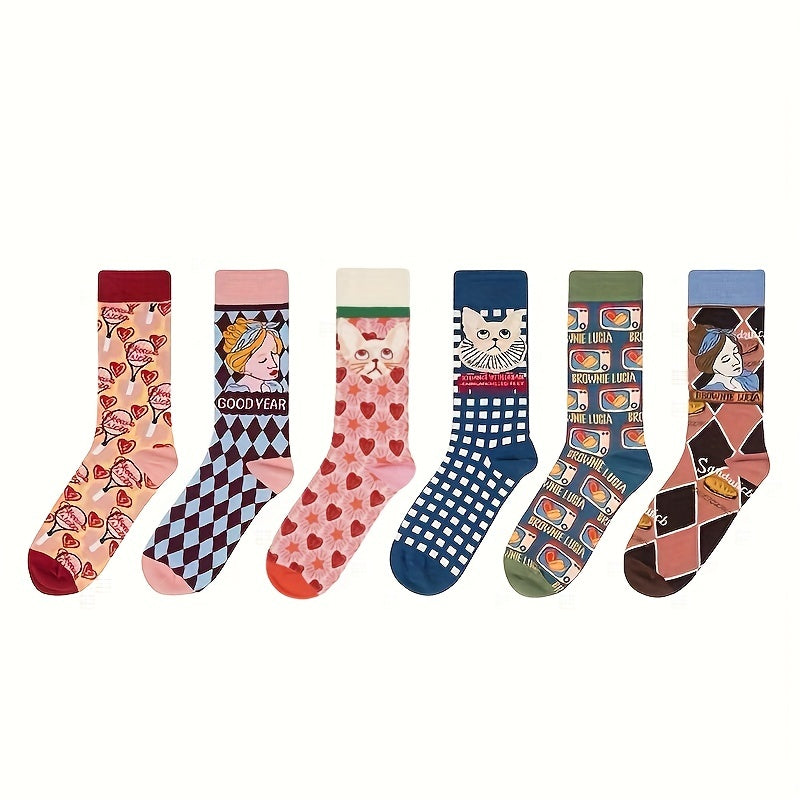 6 Pairs Cartoon Print Socks Women's Mid Tube Stockings