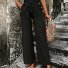 Elastic Waist Straight Leg Pants Casual Button Pocket Loose Pants