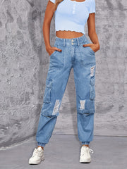 Cargo Pockets Ripped Denim Pants, Y2K & Kpop Style
