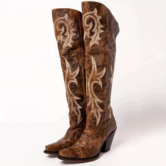 Embroidered Over Knee Boots Point Toe Slip On Block Heel Cowgirl Boots