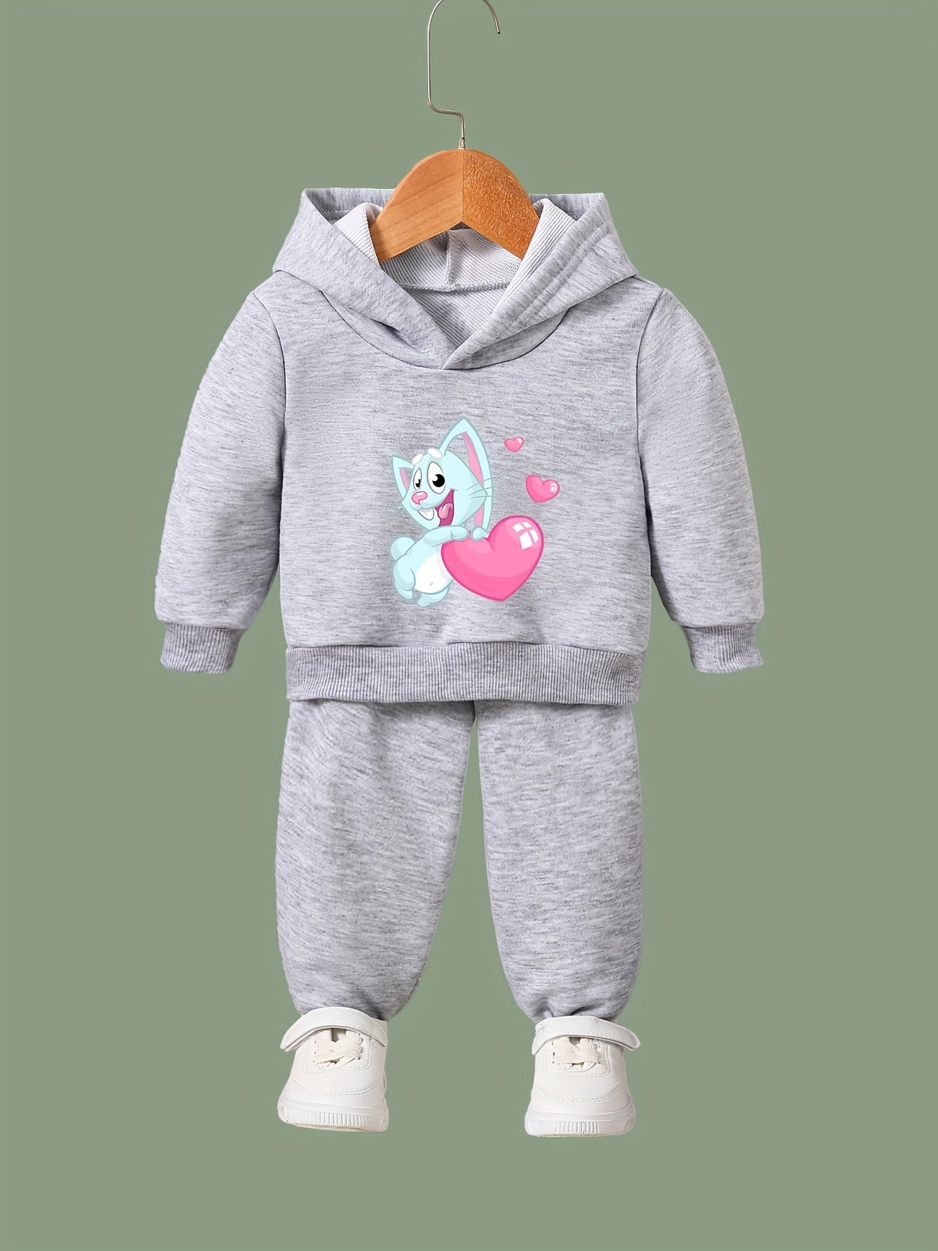 Girls 2pcs Cat & Heart Pattern Hooded Sweatshirt & Sweatpants Set